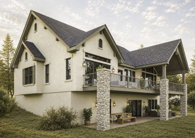 Rear view of a two-story contemporary home with cream-colored siding, dark roof, stone chimney accent, and covered deck with metal railings overlooking landscaped grounds.